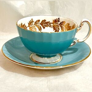 Aynsley Vintage Teacup & Saucer Robin Egg Blue Gilt Wild Flowers Wide Mouth